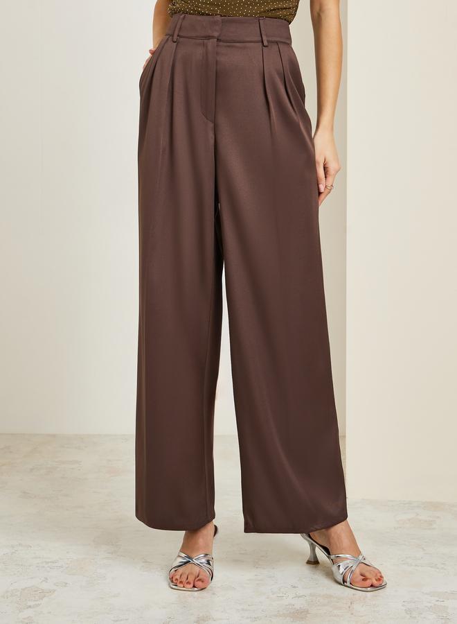 Styli Women Brown Fold Pleat Wide Leg Trousers - Image 1